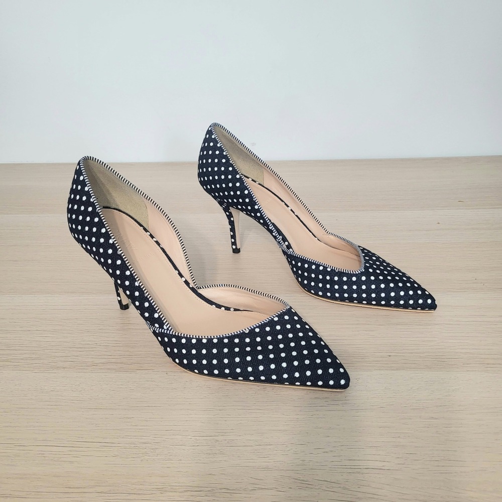 J Crew Colette D'Orsay Denim Navy Blue White Polka Dot Pumps Italian Heels 8